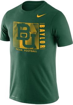 a green shirt with yellow lettering on the front and bottom that says brt football