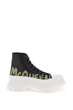 Tread Slick ankle boots by Alexander McQueen characterized by contrasting Graffiti logo print on the side. Lacquered metal eyelets, logo tab on the back and silver-tone printed logo on the tongue. Leather lining, textured rubber sole. Extra laces included. Alexander Mcqueen Tread Slick, Graffiti Logo, Mc Queen, Alexander Mcqueen Men, Leather Cap, Boot Pumps, Sneaker Heels, Emilio Pucci, Boots For Sale