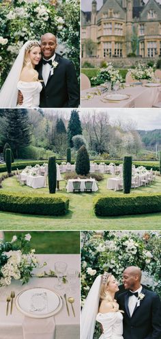 the bride and groom are posing for pictures in front of their wedding reception venue at this estate