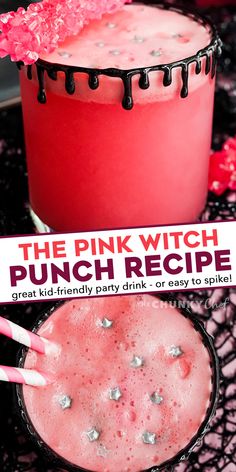 the pink witch halloween cocktail is ready to be eaten