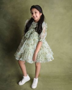 Sitara Ghattamaneni in a green dress by Janyas closet 2 Long Frock Designs For Kids, Organza Dress For Kids, Organza Frocks For Kids, Frock Designs For Kids, Sitara Ghattamaneni, Frock For Kids, Long Frocks For Kids