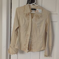 Bought As A Surprise Gift In Boutique In Asheville, Nc But Not Giftee's Style. Labelled Small But Seems Close To Petite Fitted Cream Shirt For Fall, Cream Fitted Cotton Blouse, Fitted Cream Cotton Blouse, Fitted Cream Shirt, Rainbow Striped Top, Boho Long Sleeve Top, Women White Blouse, Floral Lace Tops, Eyelet Blouse