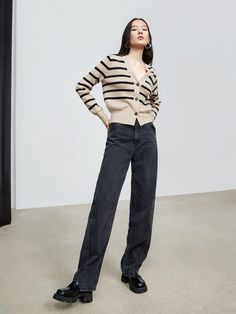 MO&Co. Women's Wool Striped Knit Cardigan Features : - Stripe pattern- Short knitted sweater- V neckline and long sleevesCode : MBC3CART18Length of size M is 51.5cmStripe : Model is 175cm tall and wearing a size M MATERIALS & CARE : Material : 89.2% Wool 10.8% CashmereDo not wash, do not bleachSpread out in the shade to dry, do not tumble dryLow temperature pad ironing, professional dry cleaningPlease select your own size in the size chart according to your figure and serve model size as a guide Striped Sweater For Workwear In Fall, Striped Sweater For Work In Fall, Striped Long Sleeve Cardigan For Layering, Striped Fine Knit Long Sleeve Sweater, Striped V-neck Sweater For Fall, Striped Long Sleeve Fine Knit Sweater, Winter Striped V-neck Sweater With Long Sleeves, Fall Striped V-neck Sweater, Striped Long Sleeve Winter Cardigan