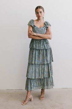 Rosera Floral Tiered Dress Cute Dresses For Dances, Sunday Dresses, Ruffle Shoulder Dress, Blue Sundress, Velvet Rose, Velvet Midi Dress, Bodice Dress, Short Summer Dresses, Pleated Midi Dress