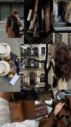 the collage shows many different things in front of a building, including a woman's coat and purse