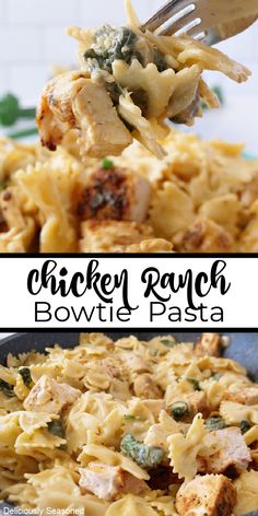 chicken ranch bowtie pasta in a skillet with a fork