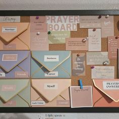 a bulletin board covered in lots of different types of paper and magnets on it