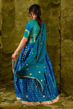 Deep lagoon blue lehenga with silk tape, aari, zari and silk thread embroidery. Paired with a lapis green embroidered long blouse and a circular butti embroidered dupatta. - Aza Fashions Silk Thread Embroidery, Lehenga Pattern, Blue Lehenga, Embroidered Dupatta, Thread Embroidery, Blue Lagoon, Silk Thread, Long Blouse, Set For Women