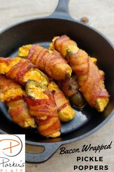 bacon wrapped pickle poppers in a cast iron skillet