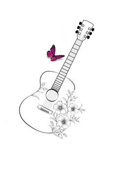 a drawing of a guitar with a butterfly on it's neck and flowers in the foreground