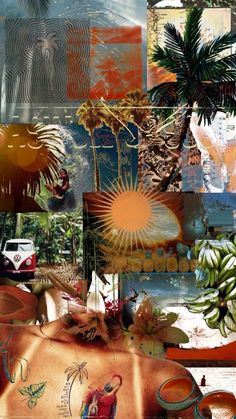 a collage of pictures with palm trees and other things