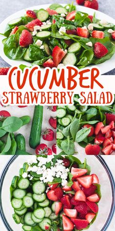 two plates filled with cucumber, strawberries and salad on top of each other