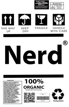 the label for nerd organic is shown in black and white, with different symbols on it