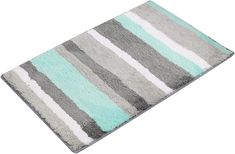 a bathroom rug with grey and blue stripes on the bottom, along with a white background