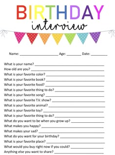 birthday interview form with colorful flags and question marks