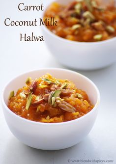 two white bowls filled with carrot coconut milk halwa