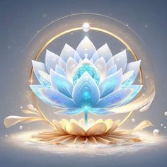 a blue and white lotus flower surrounded by water droplets on top of a light blue background