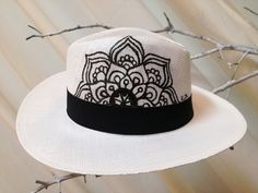 Straw Hat, Genuine Panama Summer Hand Painted Hat with Mandala design, Special Hat for the Beach, Greek Designer, Summer party, Greek Design White Straw Cap For Vacation, White Cap Straw Hat For Vacation, White Summer Straw Hat Cap, White Summer Cap Straw Hat, White Summer Cap Style Straw Hat, White Summer Cap-style Straw Hat, White Flat Brim Straw Hat For Festivals, White Fedora Panama Hat For Festivals, White Fedora With Short Brim For Festivals