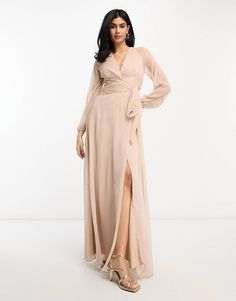 ASOS DESIGN Bridesmaid long sleeve ruched maxi dress with wrap skirt in blush | ASOS Beige Ruched V-neck Maxi Dress, V-neck Bridesmaid Wrap Dress, Long Sleeve Ruched Maxi Dress For Wedding, Beige V-neck Maxi Dress With Tie Waist, Beige V-neck Ruched Maxi Dress, Beige Maxi Dress With Tie Waist, Elegant Beige Long Sleeve Wrap Dress, Elegant Long Sleeve Beige Wrap Dress, Blush Trend