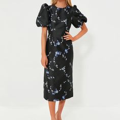 Nwt, Bought Final Sale. Tried On Once. Runs A Little Big. Even Better In Person, So Gorgeous. Perfect For Your Next Rsvp, The Black 3d Jacquard Midi Dress Boasts Beautiful Brocade Florals On A Slim-Fitting Silhouette. We Love The Chic Puff Sleeves And The Stunning Open Back With Ties For An Unexpected Wow Factor That's Sure To Dazzle The Crowd. Style With Heels And A Handbag For An Unforgettable Ensemble Perfect For Anything From Sparkling Soirees To Evening Events. Size Eu 42, Us 12 Round Neckl Leopard Print Wrap Dress, Open Back Midi Dress, Ganni Dress, Wrap Dress Midi, Blue Wrap Dress, Column Skirt, Georgette Dress, Blue Striped Dress, Textured Dress