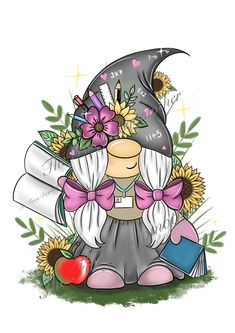 an image of a cartoon character with flowers on her head and books in her hands