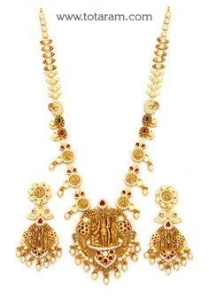 22 Karat Gold "Ramparivar - Lakshmi" Long Necklace & Drop Earrings Set with Cz , Color Stones & Japanese Culture Pearls (Temple Jewellery) - 235-GS3652 - in 110.100 Grams for USD $8912.59. 
Made in India by Totaram Jewelers Online this product is in Gold - 22 Karat BIS Hallmark 916 KDM Gold  & is an excellent gift for Adult - Women. Ships fully insured with secured guaranteed delivery for free with your order over $250 from New Jersey USA & comes with 30 days exchange policy. Traditional Temple Necklace For Festivals And Anniversary, 22k Gold Temple Jewelry Sets For Anniversary, Temple Jewelry Sets Hallmarked For Festivals, Traditional Temple Necklace For Anniversary And Festivals, 22k Gold Jewelry Sets For Festivals, Festive 22k Gold Temple Necklace For Anniversary, Temple Jewelry Necklace For Anniversary And Festivals, Festive Temple Jewelry Sets For Anniversary, Temple Necklace For Anniversary And Festivals