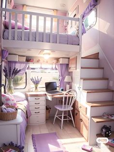 a small bedroom with stairs leading up to the bed and desk in front of it