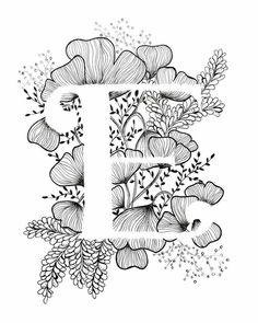 the letter i is surrounded by flowers and leaves in black and white, on a white background