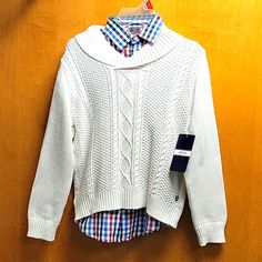 Quality Knit Sweater Paired With A Plaid Dress Shirt. The Sweater Is V-Collared. The Shirt Is A Long-Sleeved Button-Down. White Preppy Knit Tops, White Knit Preppy Tops, Plaid Dress Shirt, Plaid Dress, Matching Sets, Knitted Sweaters, Plaid, Blue And White, White