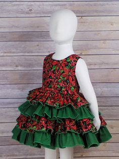 "Girl Ruffle Dress, Christmas Dress, Toddler, Outfit, Red Green Dress, Fancy, Party, Holiday, Handmade, Boutique, Custom, Set, Matching, Girl  -------------------------------------------------------------------------------------------- Girls and Ruffles!   Cotton Boutique Party Dress for the Christmas Holidays with \"4\" Layers of Ruffles!  Beautiful Poinsettias on Black with Green and Gold Accents for Christmas Parties, Pictures with Santa and Christmas Day.  Baby size 12 & 18 months, Toddlers Christmas Pageant Wear, Girls Western Dresses, Red Green Dress, Pageant Wear, Girls Ruffle Dress, Christmas Pageant