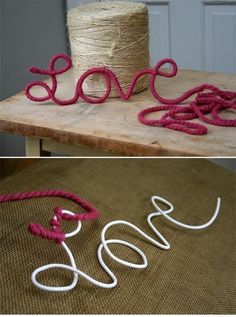 two pictures one with yarn and the other with rope on it, both have love letters