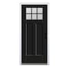 the door is black and white with two windows on each side, and one window in the