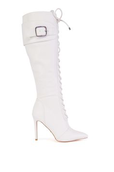 Step out in the Azalea Wang Chelsea White Lace Up Stiletto Boot! This sassy spin on a classic knee-high silhouette features a faux leather upper, pointed toe, lace up front detailing, and an inner-ankle zipper. It’s complete with metallic buckle detailing and a sky-high stiletto heel. Style with a jersey dress for a sexy, sporty look.  (all measurements are approximate from a size 7.5)  - Faux Leather Upper - Pointed Toe - Stiletto Heel - 4” Heel Height - 16” Shaft Height - Imported  Product ID: 427957 Azalea Wang, White Accessories, Sporty Look, Sky High, White Shoes, Fast Fashion, Jersey Dress, Stiletto Heel, New Shoes