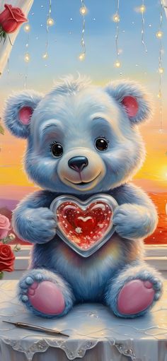 a painting of a blue teddy bear holding a heart on a table with roses in the background