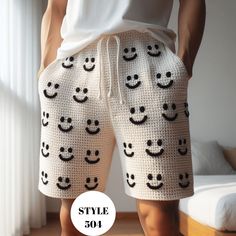 Smiley Face Men Shorts, Smile Face Crochet Short Pants for Men, Summer Short Trousers Mens Gift for Boyfriend, Crochet Short for Beach, Crochet Short for Beach, Hand Knit Men Short, Funny Crochet Shorts 😊 SIZE I made it according to the standard men US sizes. Since it's crocheted, it is flexible. So, it can fit more than one size. If you still need different size, please reach out me!   YOU CAN CHOOSE CUSTOMIZED COLORS FOR YOUR SHORT   If you want your short with different color combinations, please message me. I'll try to make the perfect crochet shorts for you.  Custom orders always welcome.  DELIVERY Delivery usually takes: - USA - 2-4 business days - Canada - 3-5 business days - Europe Region - 1-4  business days - Australia - 4-6 business days - Japan - 4-6 business days 🚀 Every Pro Mens Crochet Ideas, Crochet For Man Ideas, What To Crochet For Men, Men Crochet Ideas, Crochet Gifts For Guys, Crochet Shorts For Men, Crochet For Men Gift Ideas, Crochet Short Pants, Crochet Ideas For Men