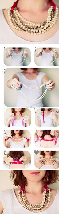 the instructions for how to make a necklace with pearls and beads on it's neck