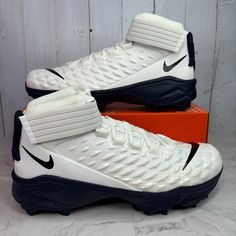 Nike Force Savage Pro 2 Shark Mens Sizes Football Cleats White Navy Blue Bv5448-102 Mens Sizes 12-15 New With Box Dynamic White Nike High-top Sneakers, Nike White High-top Sneakers For Training, White High-top Sneakers With Boost Midsole For Sports, White Nike High-top Running Sneakers, White Running Shoes With Round Toe For Sports Season, White Fade-resistant Running Shoes For Sports Season, Functional White High-top Sports Sneakers, Sporty White High-top Sneakers, Functional White High-top Sneakers For Sports