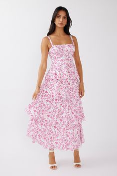 Shop the Provence Bloom Tiered Midi Dress Floral Pink | Selfie Leslie Garden Party Dresses With Fitted Bodice And Tiered Skirt, Spring Maxi Dress With Tie Back And Fitted Bodice, Pink Midi Dress With Tie Back For Brunch, Pink Tiered Midi Sundress, Pink Sundress With Square Neck, Pink Square Neck Sundress Maxi, Pink Maxi Dress With Square Neck For Garden Party, Pink Dress For Brunch And Garden Party, Summer Lavender Fitted Maxi Dress