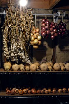 an assortment of fruits and vegetables on display in a market stall with lights above them