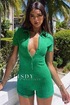 Fisdy - Pantalones cortos de cintura alta para mujer con corte impecable Bodysuit Shorts, Playsuit Pattern, Street Model, Cute Bodysuits, Terry Cloth Romper, Bodycon Outfits, Green Romper, Romper Shorts, Romper Pattern