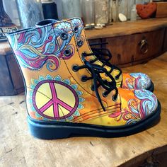 Yes We Vibe, Peace & Love Vegan Leather Boots Sz 6.5 Brand New Never Worn Gorgeous Colorful Vegan Leather Peace Sign Lace-Up Boots. Shades Of Yellow Orange Blue And Red Create A Psychedelic Hippie Boho Festival Style Boot. True To Size Fit Wider Feet Removable Insole 100% Vegan Leather Rubber Outsole With Steel Shank Amazing Colors & Print Quality High-top Yellow Boots For Spring, Yellow Ankle-high Spring Boots, Yellow Leather Ankle-high Boots, Yellow High-top Leather Boots, Yellow Leather Boots With Round Toe, Yellow Leather High-top Boots, Yellow Closed Toe Boots For Spring, Yellow Leather Spring Boots, Spring Yellow Leather Boots