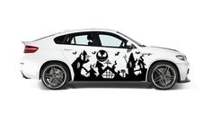 a white car with black and white designs on it