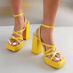 Material: Vegan Leather Pattern: Solid Color Available Colors: White, Pink, Black, Green, Yellow Suitable Season: Summer Heel Height: 5.11 inches (130 mm) Platform: 1.18 inches (30 mm) Toe Style: Square Toe Heel Style: Chunky Heel Style: Sandal Pumps Closure Type: Ankle Strap HandcraftedUS sizing. Fits true to size.Please note that measurements may vary by size. Flat Prom Shoes, Sandals With Platform, Summer Heels, Gogo Boots, Square Toe Heels, Prom Shoes, Leather Pattern, Ankle Strap Heels, Mary Jane Shoes