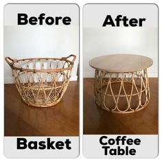 before and after photos of a coffee table with wicker basket on top, then in the bottom