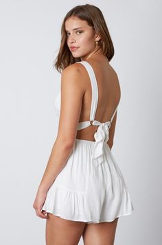 Cute White Romper - Backless Romper - Tie-Back Romper | Bohopink Spring Backless Jumpsuit With Back Opening, Backless Jumpsuit With Tie Back For Date Night, White Mini Jumpsuits And Rompers For Summer, Summer Backless Jumpsuits And Rompers For Brunch, White Mini Length Jumpsuits And Rompers For Summer, Backless Summer Jumpsuits And Rompers For Brunch, Flirty Backless Jumpsuits And Rompers For Spring, Backless Fitted Jumpsuits And Rompers For Brunch, Fitted Backless Jumpsuits And Rompers For Brunch