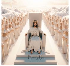 jesus sitting on a throne surrounded by many white clouds with his hands in the air