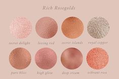 the different shades of makeup powders on a pink background with text that says rich rose gold