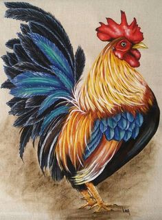 a painting of a rooster with blue, yellow and red feathers