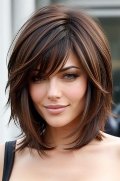 Angled Layered Bob Haircuts, Mid Length Hair With Short Layers, Medium Length Haircut With Long Curtain Bangs And Layers, Hair Color Ideas For Brunettes Over 50 Older Women, Short Hairstyle Women Layered, Short Dark Brown Hair With Layers, Layers For Medium Length Hair With Bangs, Brown Shag Haircut, Textured Layers Short Hair