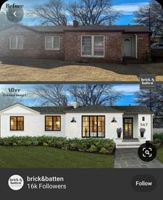 before and after pictures of a brick and batten house in the same color scheme